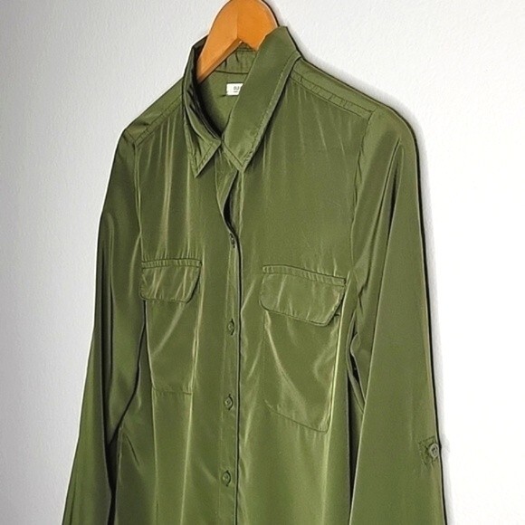 OLD NAVY Green Collared Long Roll Tab Sleeves Button Up Chest Pockets size M - Picture 7 of 16